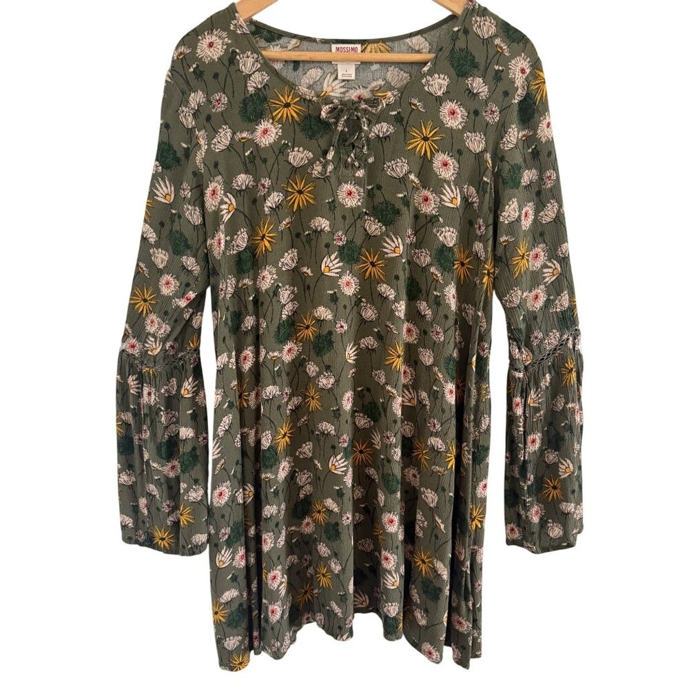 Retro Green Floral Bell Sleeve L Mini Dress Lace-Up Neckline Cottage Fall Boho
